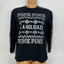 PINK Victoria Secret Holiday Holidaze Long Sleeve T-Shirt Black Womens XS