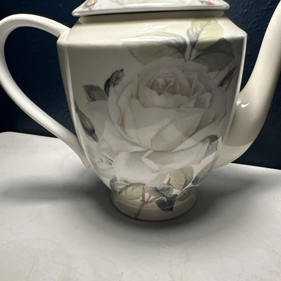 Grace Teaware Iceberg Rose Bone China Teapot Stechcol Cream  White Roses 8” Tall - Image 2 of 4