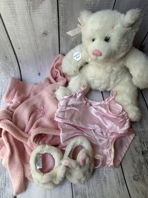 Vintage Build A Bear Pink Satin Pajama Robe Set Bundle Plush Bear Bunny Slippers