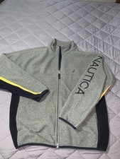 Nautica Competition Gray Fleece Full Zip Jacket Men's Size L Striped Gold Acc