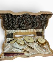 VTG 1950s Vanity Set Mirror Brush Comb Gold Rose Floral Original Box USA Made