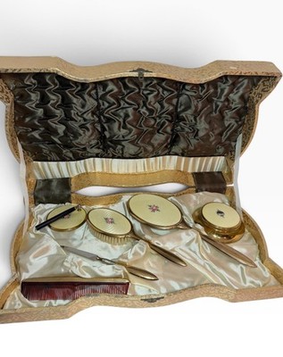 VTG 1950s Vanity Set Mirror Brush Comb Gold Rose Floral Original Box USA Made