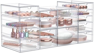 Clear Acrylic Makeup Organizer 4-Piece Stackable Storage 16 Drawers