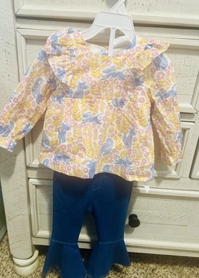 Happy Threads Girls 4T Floral Woodland Animal Top Denim Flare Pants Set NWT
