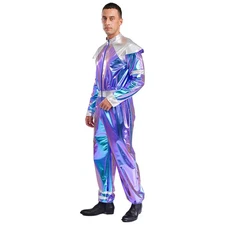 Mens Costume Shiny Jumpsuit Metallic Cosplay Long Sleeves Bodysuit Carnival