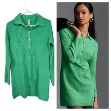 Anthropologie Textured Long Sleeve Polo Sweater Mini Dress Kelly Green