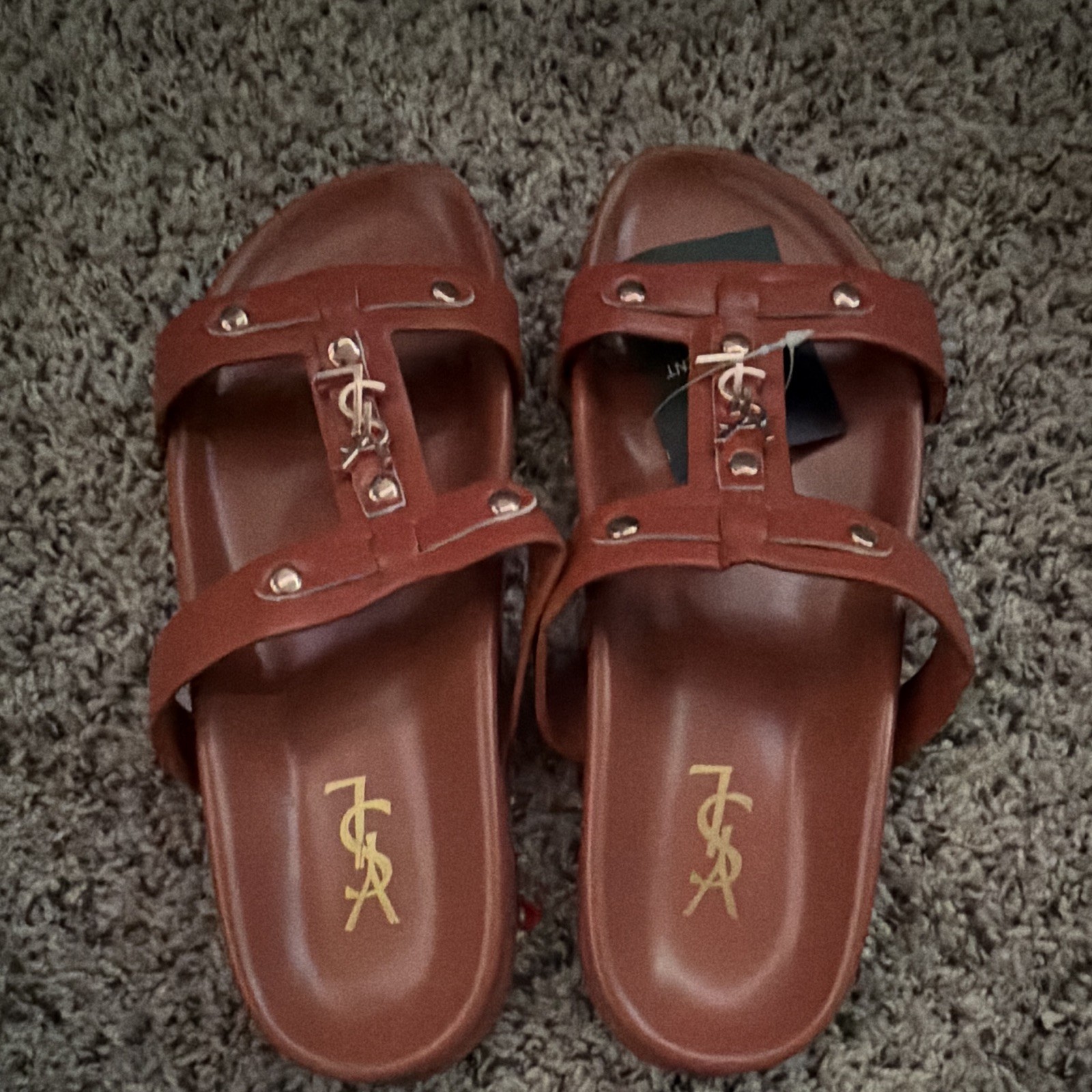 Women’s Brown Slide Sandals Solid Strappy Straps Buckle Accent Slip-On