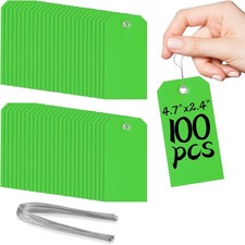 100 Green Tags with Wires - Waterproof, Writable, Neon - 4 3/4" x 2 3/8" Heavy D