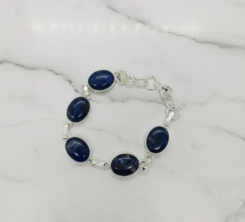 Sodalite oval bracelet, deep blue gemstone link bracelet with silver setting