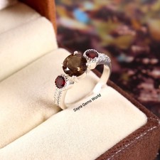 Smoky Quartz Sterling Silver Ring: Three Stone Statement Ring
