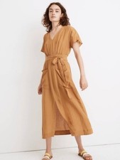 Madewell Linen Blend Dolman Sleeve Tie Waist Utility Midi Dress Tan 6