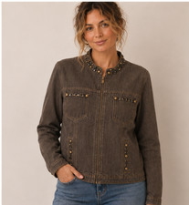 Ruby Rd. Women's Dark Wash Zip Up Rhinestone 4 Pocket Metallic Jacket Size 14