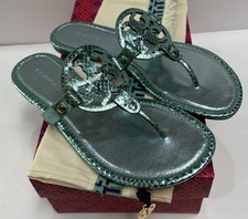 New Tory Burch Miller Metallic Embossed Snake Leather Laguna Blue Sandals 8.5 M