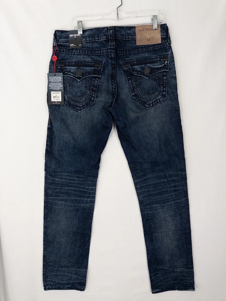 Pantalones de mezclilla True Religion para hombre 33 Geno solapa Super T lavado oscuro bordados nuevos con etiquetas Foto 4 de 4