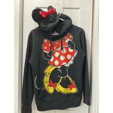 Disney Parks Minnie Mouse Ear Hooded Sweatshirt Black Graphic Hoodie Womens M