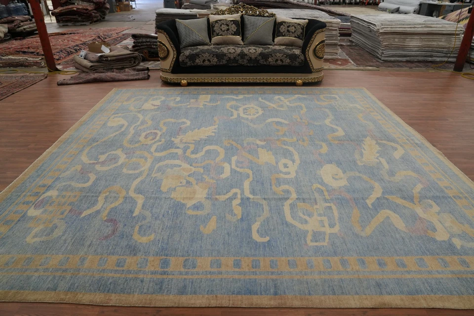 Transitional Oriental Blue Handmade Ziegler Vegetable Dye Large Rug 12x12 Ft - Image 3 of 4