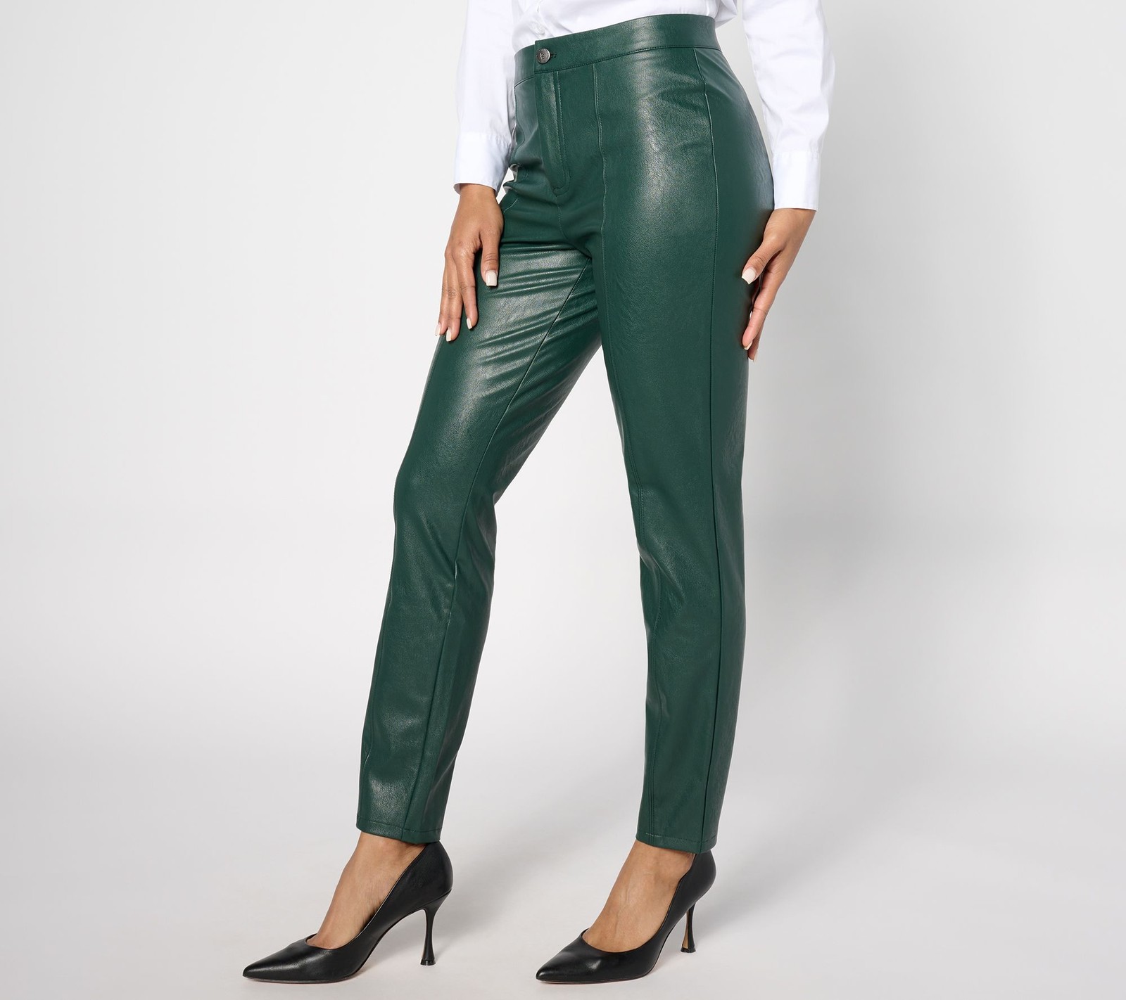 Dennis Basso Women's Petite Pants 20P Faux Leather Slim Leg Green A628171