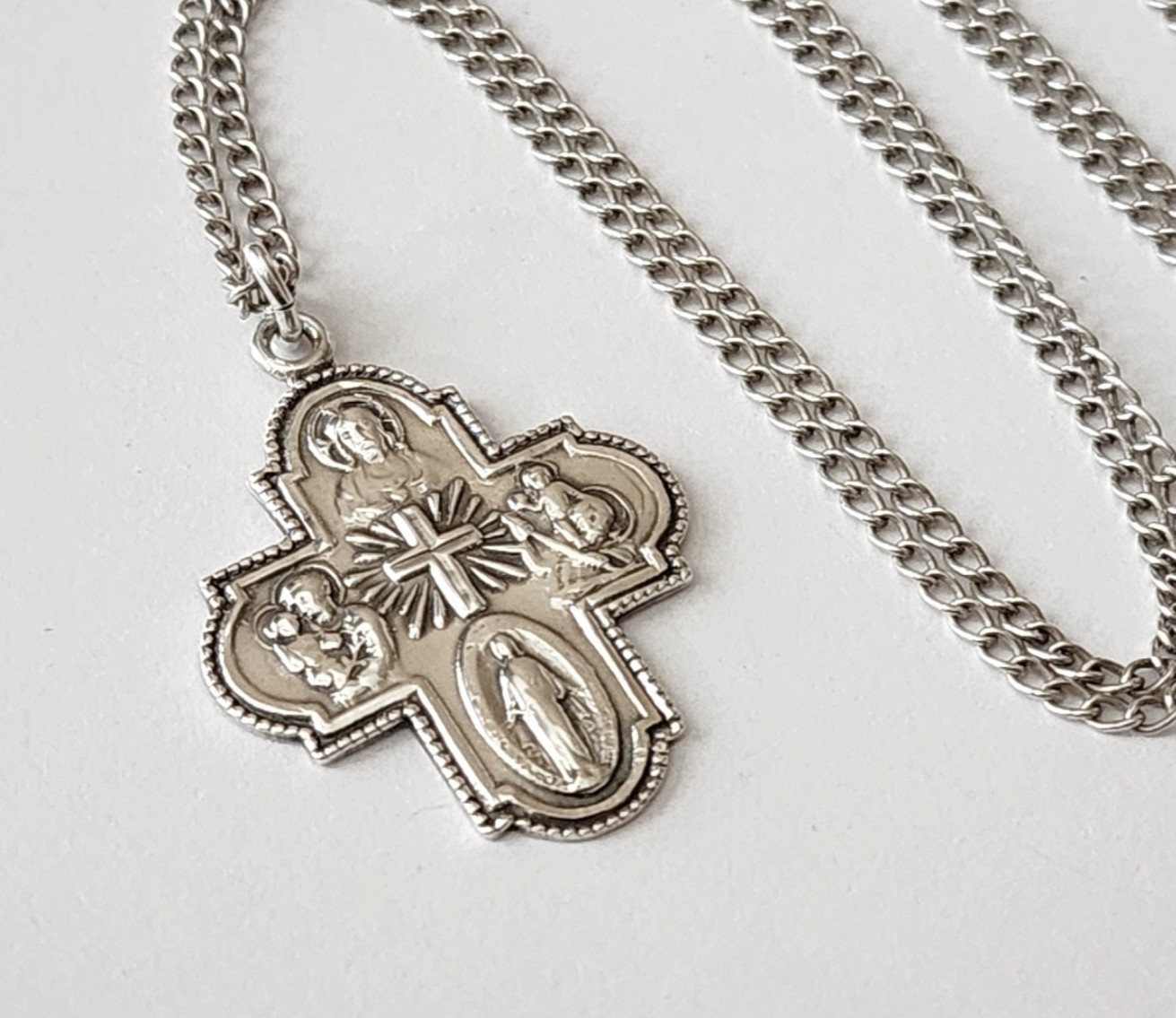 Vintage Sterling Silver Four-Way Medal Necklace Catholic Crucifix 24" Chain