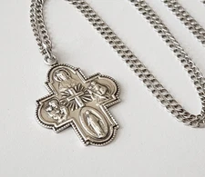 Vintage Sterling Silver Four-Way Medal Necklace Catholic Crucifix 24" Chain