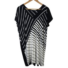 Samuel Dong Black White Striped V Neck Tunic Dress Women's Size Medium