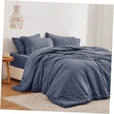 Seersucker Queen Comforter Set 7 Pieces, All Season Queen 88"X88" Navy Blue