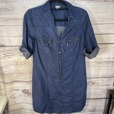 Guess Womens Button Down Roll Tab Sleeves Blue 100% Cotton Midi Dress Medium