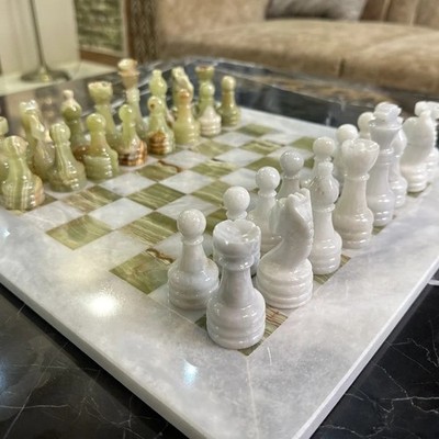 Marble Chess Set 12 inches Gift ready blue velvet box-WHITE GREEN