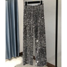 Women Sequins Velvet Pants Elastic Waist Wide Leg Trousers Loose Stage Pants