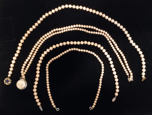 Vintage Costume Jewelry Set of Four Faux Pearls Necklaces 2 w/ Jeweled Clasp