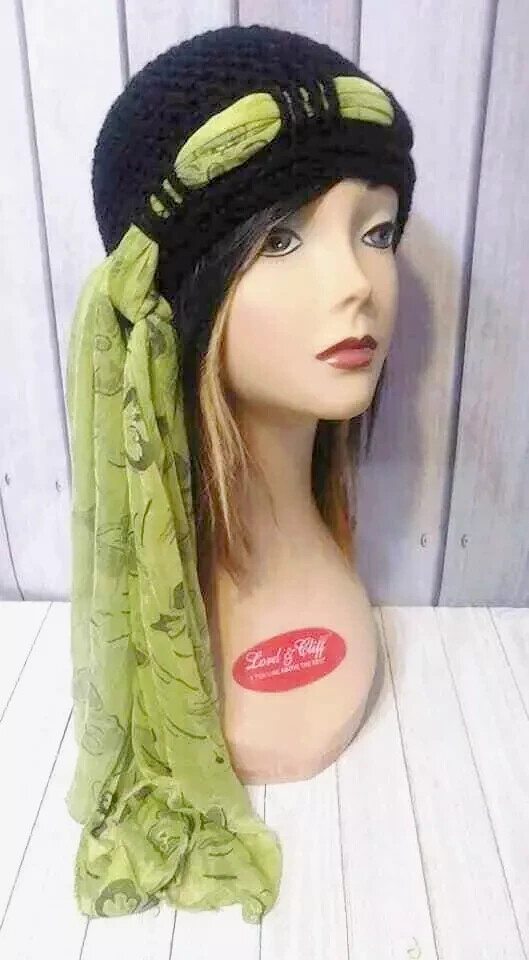 Handmade Crochet Cancer Beanie & Scarf Set in Black Olive Green USA Made