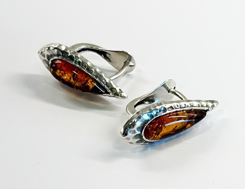 Pendientes Omega de plata esterlina 925 maciza pura miel ámbar báltico marquesa poste - Imagen 6 de 10