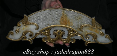 12" Chinese Natural Old White Jade Gilt Carved 2 Dragon Head Beast Statue Yu Bi - Picture 8 of 10