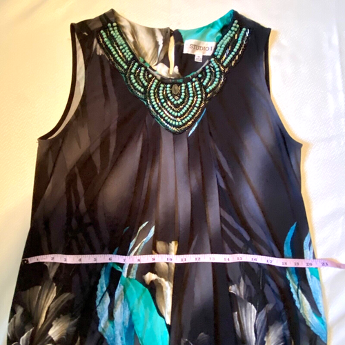 Studio I dress Sz 12 With Beading Around Neck Black Green Flowered Soft - Picture 13 of 21