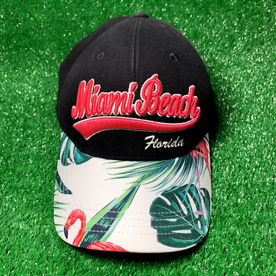 Miami Beach Florida Hat Cap Womens Black Floral Strap Back Adjustable Unisex