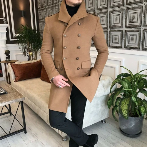 Men Wool Blend Pea Coat Long Double-breasted Overcoat Winter Thick Warm Jacket