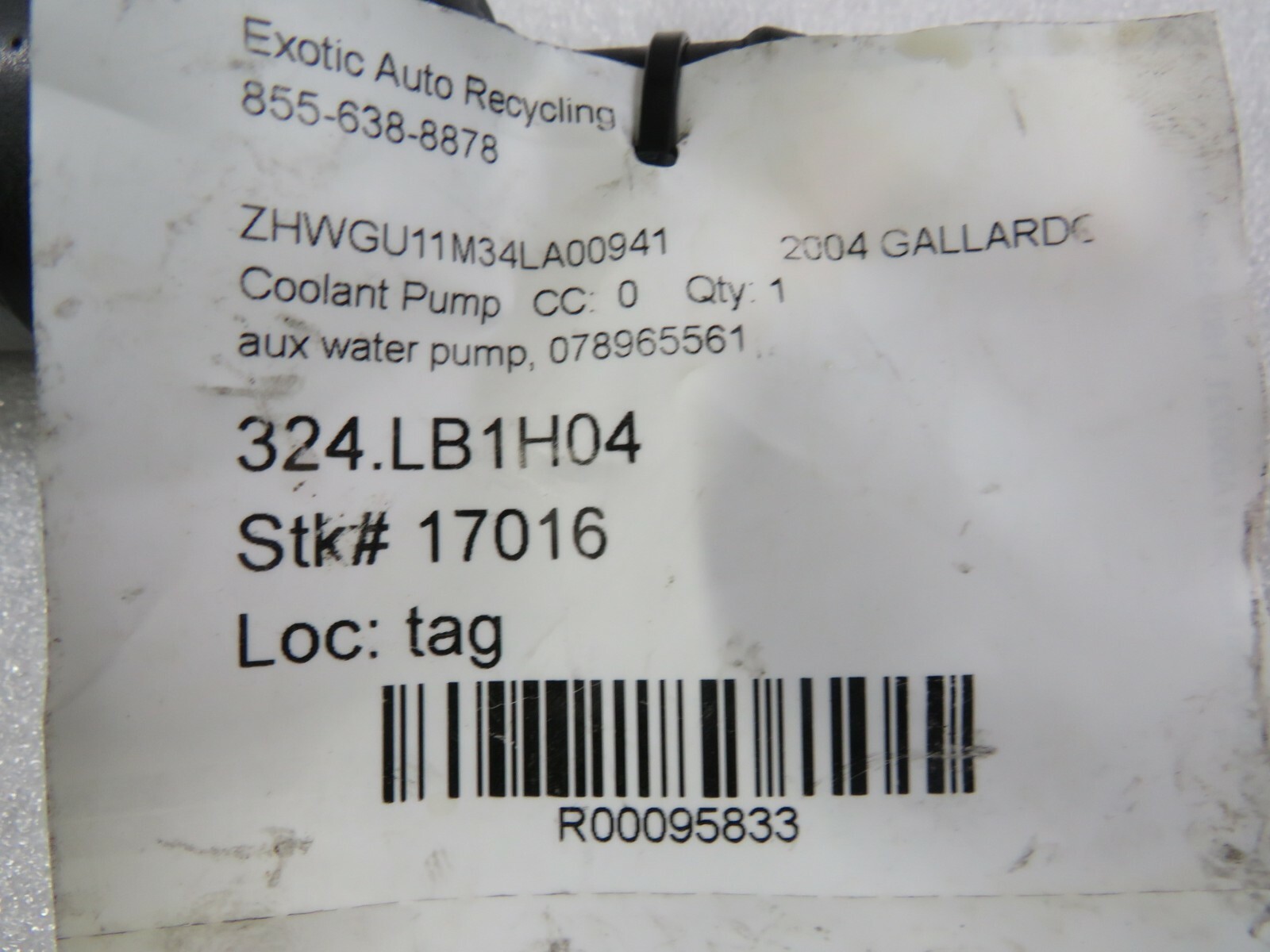Lamborghini Gallardo, Coupe, Spyder, Auxiliary Water Pump, Used, P/N 078965561