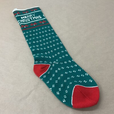 25'' Green, Red & White Vintage Knit Christmas Stocking MERRY CHRISTMAS