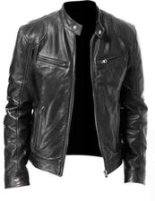 Men's Black Genuine Sheepskin Leather Cafe Racer Motorcycle Biker Jacket