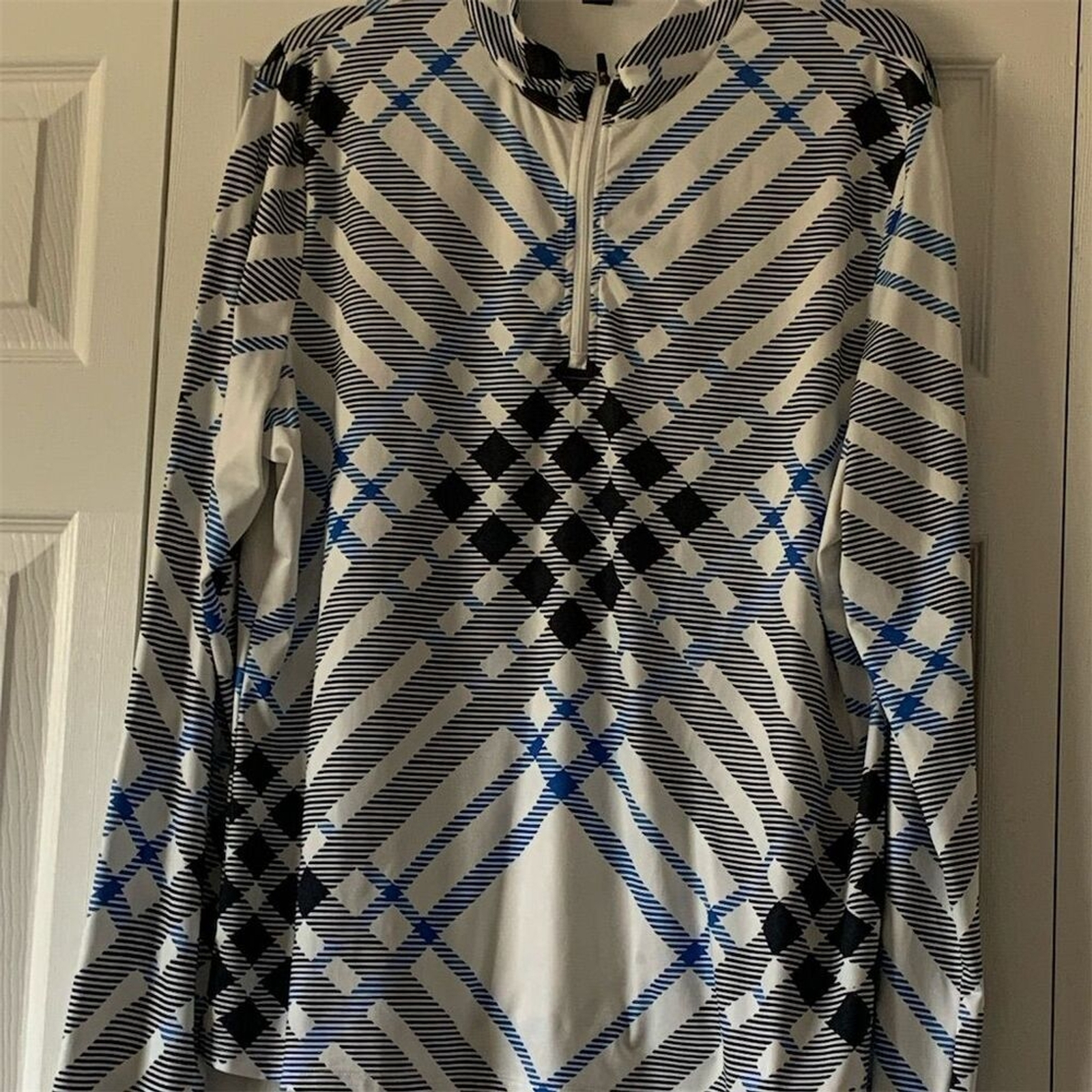 Geometric Print Long Sleeve Polo Shirt with Lapel Collar in XXXL Size
