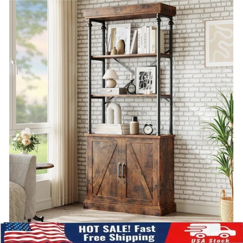 Tall Bookshelf with Doors 73.6” Industrial Shelf with Cabinet 5 Tier Bookshelves