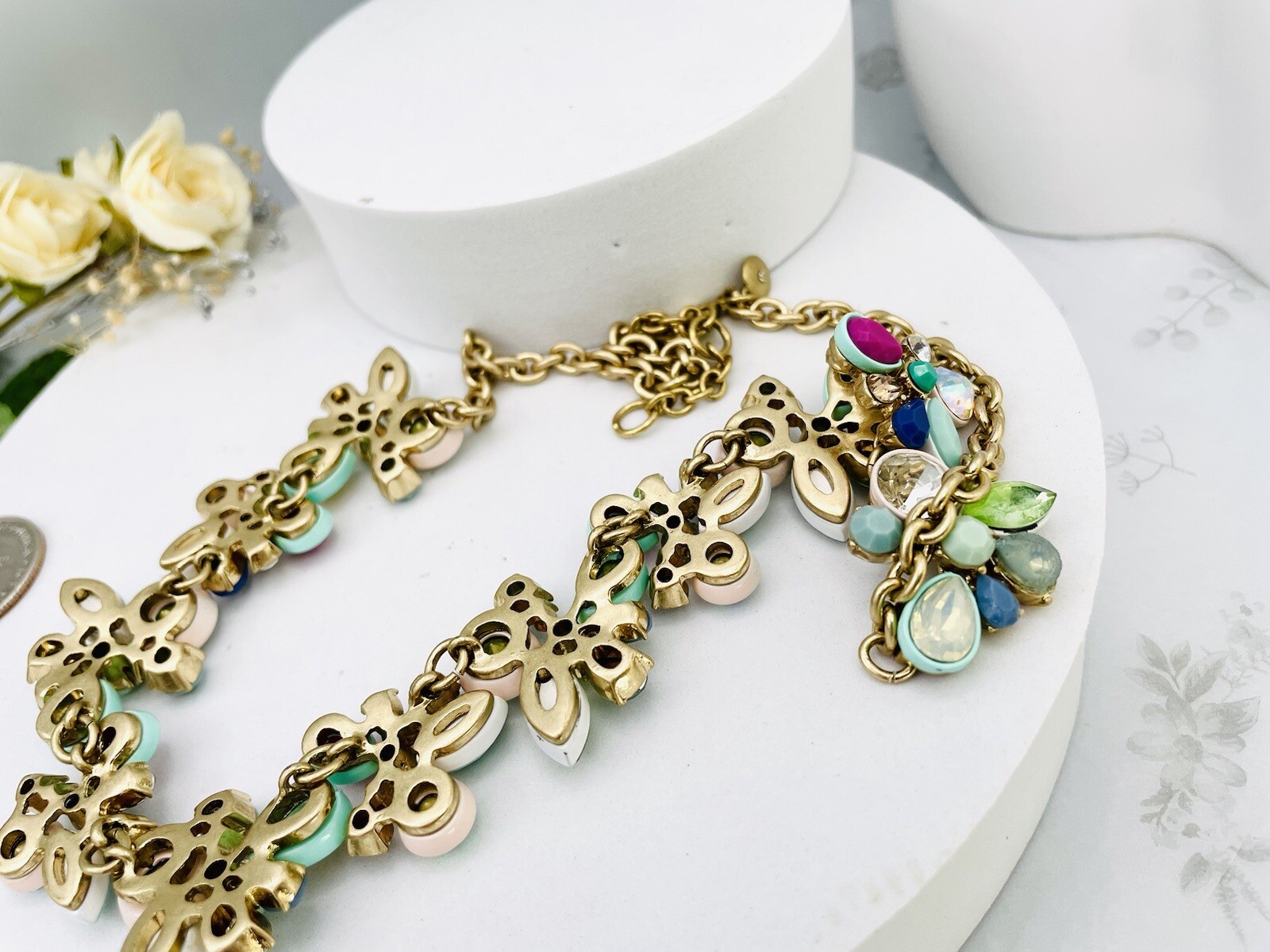 J. Crew Vintage Rare Gold Tone Crystals Floral Statement Necklace eBay