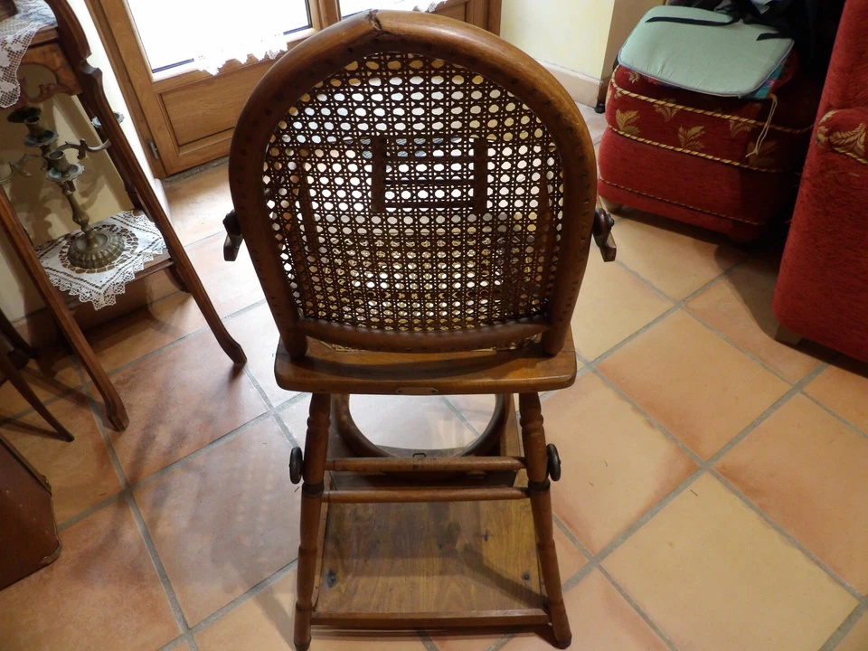 Ancienne chaise en bois modulable,bébé,BAUMANN,cannage,roulettes,1920 - Photo 3/4