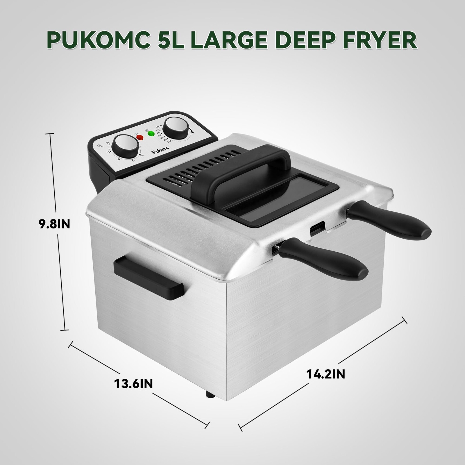 Pukomc 5.3Qt Timer &Temperature Stainless Electric Deep Fryer with 3-Baskets