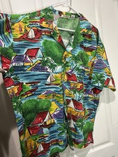 Vintage Gottex Hawaiian Shirt Island Hut Boat Village Bright Primary Colors 80s