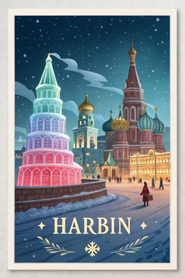 Harbin China Vintage Travel Poster - Ice Festival Cityscape Art Print_moreDetail