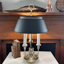 French Horn Bouillotte Table Lamp Tole Candlestick 3 Way Black Gold 25”