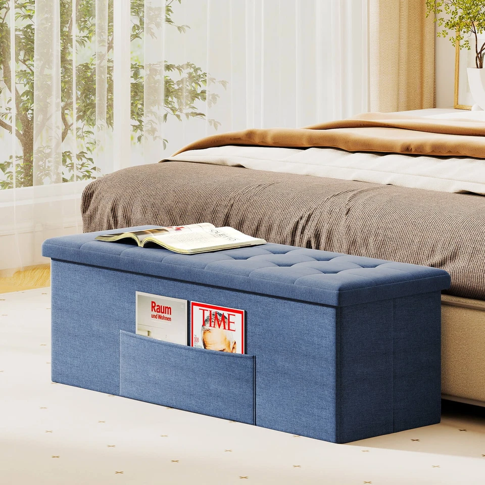 Fabric Folding Storage Ottoman Storage Chest W/Divider Bed End Bench Navy - Image 3 of 4