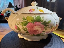 Vintage Taylor Smith & Taylor Porcelain Tureen Bowl and Lid: Floral and Gold