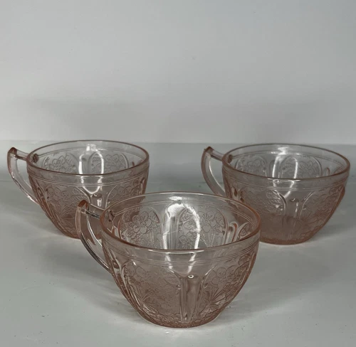 SET OF 3!! Vintage Jeannette Cherry Blossom Pink Depression Glass Tea Cup