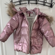 Moncler Girls Pink Puffer Jacket Fur Hood Nyl...